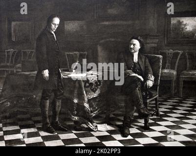 Pierre le Grand interroger le Tsarevitch Alexei Petrovich à Peterhof par Nikolai GE (1831-1894). Pierre le Grand, en 1718, son fils aîné a été torturé à mort pour avoir prétendument conspiré contre lui. Banque D'Images