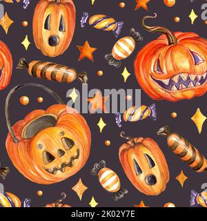 Motif Halloween sans couture avec citrouille et bonbons. Illustration aquarelle sur fond noir. Papier peint pour Halloween. Pour carte, affiche, Banque D'Images