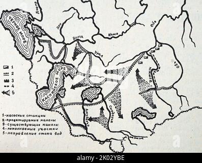 Carte russe montrant comment les rivières de Sibérie vont venir à l'aide des déserts sans eau de l'Asie centrale. Banque D'Images