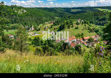 Vue depuis le point de vue de Bürzel jusqu'aux ruines du château de Nieder- et Hohengundelfingen Banque D'Images