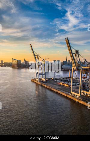 Terminal de conteneurs dans le port de Hambourg, Allemagne avec Elbphilharmonie en arrière-plan Banque D'Images