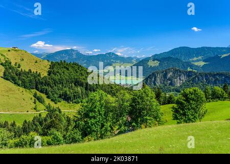 Autriche, Tyrol, Kaiserwinkl, Rettenschöss, Feistenau, Vue sur le lac Walchsee Banque D'Images