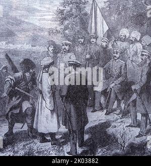 La reddition de Shamil dans le village de Gunib. Shamil, 3rd Imam du Dagestan (1797-1871), chef de la résistance à la domination russe sur le Caucase. Banque D'Images