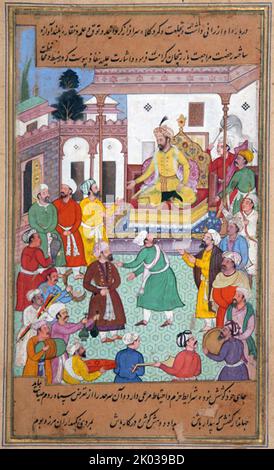 La défaite par Timur du Sultan de Delhi, Nasir Al-DIN Mahmum Tughluq, à l'hiver 1397-1398. Timur (1336 - 1405), plus tard Timur Gurkan un conquérant turco-mongol qui a fondé l'Empire timurien dans et autour de l'Afghanistan moderne, l'Iran et l'Asie centrale, devenant le premier dirigeant de la dynastie timuride. En tant que commandant indéfait, il est largement considéré comme l'un des plus grands chefs militaires et taciens de l'histoire. Banque D'Images