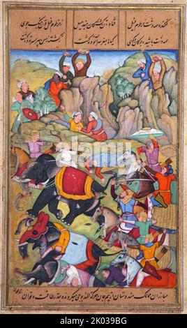 La défaite par Timur du Sultan de Delhi, Nasir Al-DIN Mahmum Tughluq, à l'hiver 1397-1398. Timur (1336 - 1405), plus tard Timur Gurkan un conquérant turco-mongol qui a fondé l'Empire timurien dans et autour de l'Afghanistan moderne, l'Iran et l'Asie centrale, devenant le premier dirigeant de la dynastie timuride. En tant que commandant indéfait, il est largement considéré comme l'un des plus grands chefs militaires et taciens de l'histoire. Banque D'Images