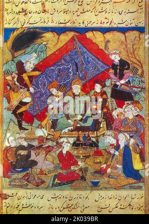 Timur fête dans les environs de Samarkand. Timur (1336 - 1405), plus tard Timur Gurkan un conquérant turco-mongol qui a fondé l'Empire timurien dans et autour de l'Afghanistan moderne, l'Iran et l'Asie centrale, devenant le premier dirigeant de la dynastie timuride. En tant que commandant indéfait, il est largement considéré comme l'un des plus grands chefs militaires+E18ers et des plus grands taciens de l'histoire. Banque D'Images