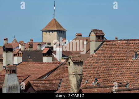 Suisse, Murten, vue sur la ville, vue depuis le mur de la ville Banque D'Images