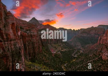 Le parc national de Zion est situé dans le sud-ouest de l'Utah, à la frontière avec l'Arizona. Il a une superficie de 579 kö² et se situe entre 1128 m et 2660 m d'altitude. Vue depuis Pine Creek Canyon vue sur Pine Creek Canyon. Banque D'Images