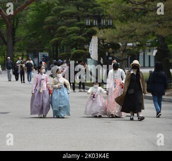 Le hanbok traditionnel est porté par les visiteurs du palais Gyeongbokgung, le principal palais royal de la dynastie Joseon. Construit en 1395, il est situé dans le nord de Séoul, en Corée du Sud. Le plus grand des cinq grands palais construits par la dynastie Joseon, Gyeongbokgung a servi de maison aux rois de la dynastie Joseon, aux familles des rois, ainsi qu'au gouvernement de Joseon. Banque D'Images