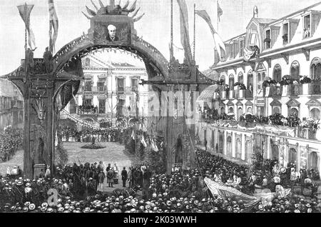 «L'inspection récente des travaux du canal de Panama par M. de Lesseps - réception de M de Lesseps à la place de la Cathédrale, Panama», 1886. Dans « The Graphic. Un journal hebdomadaire illustré Volume 33. Janvier à juin 1886 » Banque D'Images