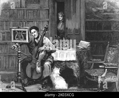 'Madame Leroux'; par Francis Eleanor Trollope; il s'assit à M. Tudway Didear vêtu d'une robe de chambre en flanelle sombre, avec son violoncelle entre ses genoux et un kiosque à musique devant lui', 1890. Dans « The Graphic. Un journal hebdomadaire illustré », volume 41. Janvier à juin 1890. Banque D'Images