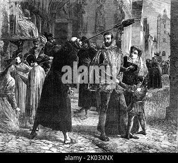 "Temps de la persécution des réformistes chrétiens à Paris, en 1559" - peint par J.C. Crochet, A.A. - De l'exposition de l'Académie royale, 1854. « Nous ne sommes pas sûrs... que les animosités religieuses sont des sujets tout à fait adaptés pour le crayon du peintre... M. Hook, dans son histoire bien racontée, a représenté les catholiques romains de France en 1559 triomphant dans les rues, chantant des canticules avant les images, invitant tous ceux qui ont passé à se joindre à leur dévotion, et insultant et battant ceux dont la croyance les a conduits à un culte contraire. Observez l'insulte qui est offerte au Christi Banque D'Images