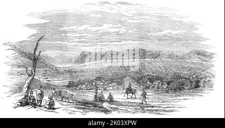 Camp de la Division lumière anglaise, à Varna, 1854. Les troupes ont campé près du port de Varna - autrefois turc et plus tard bulgare - sur la mer Noire, avant de partir pour combattre dans la guerre de Crimée. 'Le croquis représente le Camp de la Division de lumière anglaise, situé sur une colline - bien choisi, non seulement pour les manoeuvres des troupes, mais aussi pour sa position sèche et saine: Il est à environ huit milles de la ville... le département du commissariat semble être assez maigre dans ses approvisionnements, mais une bonne eau est en abondance. Les 8th Hussars et les 17th Lanciers sont à dix milles à l'avance, sur leur chemin vers Sili Banque D'Images