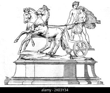 Goodwood Race Prize - Phaeton et Apollo, 1854. Trophée de course de chevaux. 'Cup...from l'établissement de MM. Hunt et Roskell; il a été conçu et modélisé par M. H. H. Armistead, qui a choisi l'histoire mythologique de Phaeton et de son père Apollon. Les chevaux du Soleil, attelés au Chariot du jour, se préparent à accomplir leur voyage dans les cieux. Apollon, qui, à l'heure du mal, a promis d'accorder toute demande à Phaeton, est frappé de consternation lorsque la jeunesse réclame un jour pour conduire le char céleste. Après avoir tenté en vain de dissuader son fils de retirer son RE Banque D'Images