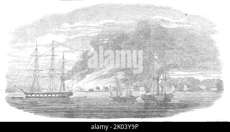 Le brûlage de Graytown, 1854. Personnel de poste et de pavillon de moustiquaire; Consulat hanséatique; Hôtel Lyons; Consulat américain; Consulat britannique; maison contenant la poudre. Bombardement de San Juan del Norte par la Marine américaine, '... perpétré pour la plupart sur des Indiens sans défense... les maisons étant principalement composées de bois, Et pour la plupart de chaume - beaucoup de magasins, aussi, contenant de grandes quantités de spiritueux - le feu a été le plus rapide et destructeur... la maison à l'extrémité inférieure de la ville contenait quelques cent soixante barils de poudre, qui a été tiré par le train et Blo Banque D'Images