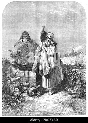 "Le Serf russe", peint par Joseph J. Jenkins - de l'exposition de la Société des peintres en couleurs d'eau, 1854. 'Les paysans russes sont tous des serfs; et ici, nous voyons une femme dans l'acte de tirer de l'eau pour l'utilisation d'un parti de soldats au loin; l'emploi des femmes dans le travail civil étant une caractéristique distinctive des nations barbares et semi civilisées. Derrière, reposant sur le dos du vieux cheval, se trouve un jeune serf oursin dont le regard contenté trahit le fait qu'il est peu conscient des austères cruelles auxquelles le destin soumet son après-vie, souriant comme il le fait Banque D'Images