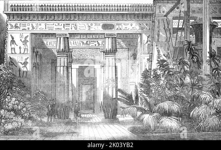 Le Palais de Cristal - la Cour égyptienne - entrée à la tombe de Beni Hassan, 1854. Exposition à Sydenham dans le sud de Londres. '...nous nous trouvons dans un tombeau sombre copié d'un à Beni Hassan. C'est le premier morceau d'architecture dans le Crystal Palace, sa date étant d'environ 1660, C.-B. le tombeau original est coupé dans une chaîne solide de roches qui forme une frontière à l'est du Nil, séparant le désert de sable de la vallée fertile de la rivière. Bien qu'il existe des vestiges architecturaux en Égypte d'une date beaucoup plus ancienne que ce tombeau, il possède encore une grande valeur pour nous, car il peut être confortable Banque D'Images