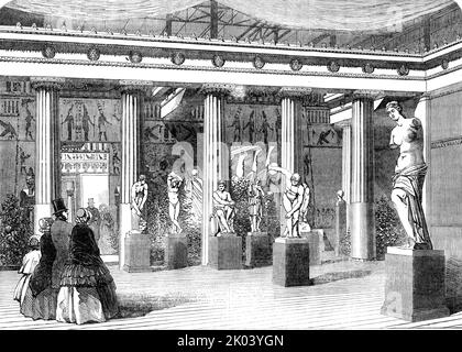 La Cour grecque, au Palais de Cristal, 1854. Répliques de sculptures grecques anciennes dans le sud de Londres: Discobolus et Vénus de Milo. 'Les principales statues grecques et bas-reliefs sont contenues dans les cours grecques..l'ordre est grécien Doric; les proportions ont été copiées du temple de Jupiter à Nemea, qui sont moins massifs que les bâtiments doriques sont habituellement. Le centre et la plus grande entrée mène à la cour grecque principale... c'est carré, et, étant entouré de porticoes, ressemble à une agora grecque, ou lieu d'assemblée publique, le forum, ou place de marché des Romains. De « Ill Banque D'Images