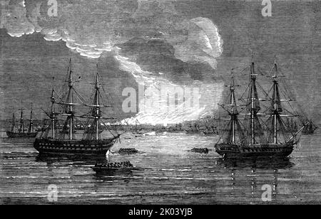 Conflagration à Varna: Navire de la ligne de bataille "Bayard" - S.M. Frigate "Leander", 1854. Guerre de Crimée : incendie dans un port bulgare de la mer Noire. 'Dans la baie se trouvaient le Bellerophon, le Sanspareil, et le Leander, anglais; Le navire français Bayard... tous ces navires envoyaient des fêtes sur terre avec leurs pompiers... le feu s'approchait rapidement des magazines de poudre à canon des deux armées... [les toits étaient] maintenus humides par les moteurs qui les jouaient, protégeant les magazines de la fureur des flammes... le feu n'était pas arrivé avant... le lendemain ; il avait avancé à moins d'une douzaine de yar Banque D'Images