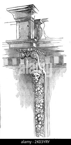 Treillis soutenant la galerie, St. George's Hall, Liverpool, 1854. '...une des fermes vraiment chastes qui soutiennent les galeries. Ils sont en pierre, très finement sculptés. Les pendentifs de la tête du lion ne sont pas semblables - certains ont un long amas de feuilles de chêne, maintenues ensemble par des bandes croisées; d'autres ont des fruits et des fleurs...". Bâtiment conçu par Harvey Lonsdale Elmes. De "Illustrated London News", 1854. Banque D'Images