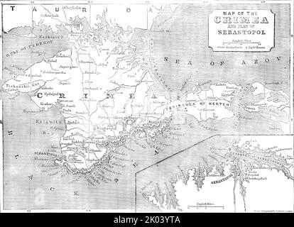 Carte de la Crimée et plan de Sebastopol, 1854. Guerre de Crimée. "Dans l'attente de grands sacrifices et de concours sévères qui doivent assister à l'attaque sur Sebastopol, qui est sûr de faire une résistance plus obstinée, les commandants de l'expédition ont fait tous les arrangements pour les blessés, Et des ordres ont été envoyés à Constantinople pour maintenir les hôpitaux prêts pour l'accueil de 10 000 hommes... aucun bon objet n'a pu être obtenu en attaquant Perekop, car les troupes [russes] destinées à la défense de la Crimée doivent déjà être dans la péninsule, et quelques semaines doivent s'écouler avant rei Banque D'Images