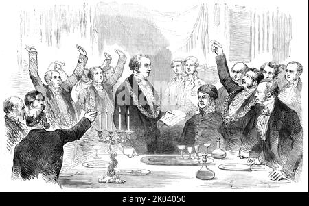 Le Lord Mayor lisant la nouvelle de la victoire sur l'Alma lors du dîner d'inauguration du shérif, à la taverne de Londres, 1854. Nouvelles de la guerre de Crimée atteint Londres. 'Le dîner d'inauguration de M. Alderman Muggeridge et de M. C. D. Crossley, les Sheriffs récemment élus pour Londres et Middlesex, a eu lieu... à la taverne de Londres [et] a été rendu mémorable à cette occasion par l'annonce aux invités rassemblés de la glorieuse victoire obtenue par les armées alliées en Crimée. Cette joyeuse intelligence a suscité des démonstrations d'enthousiasme, indiquées par des cheeri bruyants, généraux et répétés Banque D'Images