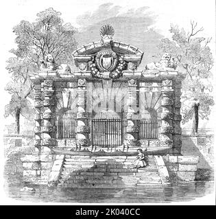 The Water-Gate of York House, Buckingham-Street, Strand, 1854. York Watergate à Westminster, Londres, construit par George Villiers, c1626. « La porte d'eau... est en pierre de Portland : à l'avant, face à Buckingham-Street, se trouvent trois arches flanquées de pilastres, soutenant une entablature et quatre balles; Au-dessus des clés des arches se trouvent des boucliers, ceux sur les côtés sculptés avec des ancres, et celui au centre avec les bras de Villiers qui impront ceux de la famille des manières. Sur la frise se trouve la devise de Villiers... le bord de la rivière... a une grande arcade, s'ouvrant sur les marches de l'eau, sur chacun Banque D'Images