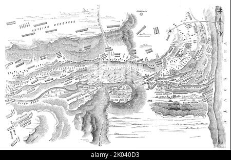 Plan de la bataille de l'Alma, 1854. Guerre de Crimée. Le plan qui l'accompagne a été élaboré par le major Hopkins, K.H. Les différentes armées sont représentées par la variété des lignes d'ombre. Ainsi, pour les Anglais, des lignes ombrées parallèles à l'avant des bataillons et des divisions. Pour les Français, lignes perpendiculaires de l'avant vers l'arrière des divisions, bataillons et amp;c. Russes, lignes diagonales d'ombre pour les réserves, bataillons, etc Turcs, sans ombre. Les petits cercles présentés devant les armées représentent les troupes des fusils, des Zouaves et des troupes légères, en tant qu'accrocheurs à l'avance. Le skir Banque D'Images