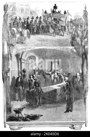 Internement du maréchal Saint-Arnaud dans la voûte des marais de France, sous l'église des Invalides, à Paris, 1854. Inhumation du général français décédé dans la guerre de Crimée. 'Le corbillard... a été dessiné par six chevaux, avec des boîtiers de tissu noir, orné de dentelle blanche; et le cercueil a été couvert d'un grand paall a travaillé avec divers dispositifs... l'intérieur de la chapelle des Invalides a été accroché avec du tissu noir, brodé avec de l'argent. Au-dessus de la catafalque il y avait une splendide voûte de tissu noir, bordée d'hermine... quand le corps est entré dans la chapelle le chant solennel des prêtres et Banque D'Images