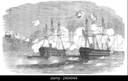 Le "Agamemnon" et le "Sanspareil" attaquant Sebastopol, 1854. Guerre de Crimée : navires de la Marine royale. '... l'Agamemnon... a ouvert le feu de son grand fusil pivot sur le fort "Wasp", pour essayer la gamme, à laquelle le fort a répondu instantanément; et en quelques minutes de plus, une grande batterie de boue - fort Constantine et fort Alexander - a ouvert leurs canons, comme le navire a attiré dans sa station. Elle a semblé souffrir avec peur à ce moment-là... elle est sortie de l'action une épave parfaite, après avoir été frappée 240 fois; sa coque montrant des trous béants, son accrochage accroché en éclat, sa cour principale coupée en deux Banque D'Images