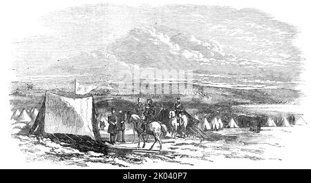 Camp du général Sir de Lacy Evans, sur les hauteurs de Sebastopol, 1854. Guerre de Crimée. '...l'ennemi a tenté une reconnaissance, à une plus grande échelle que d'habitude, vers notre droite. Un groupe de 300 d'entre eux rampant sur le ravin sous la batterie extrême droite de Gordon, a surpris un piquet de terre des 47th, qui est tombé en arrière, laissant ses paquets et couvertures dans une maison en ruines. Les Russes avançaient jusqu'à ce qu'ils soient contrôlés par un parti du bataillon des fusils de 2nd, qui s'ouvrait sur eux de la redoute. En même temps, un piquet de 47th s'opposa aux côtés opposés du ravin. Le tir n Banque D'Images