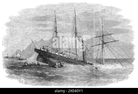 Épave du « Forerunner », le Mail-Steamer africain, à point St. Lorenzo, 1854. Steamship '... sur son passage homeward à l'Angleterre de la côte ouest de l'Afrique... ayant à bord des mails de sa Majesté, des passagers, Et de la marchandise... le Captain...bent son parcours vers le nord, quand le navire a frappé instantanément, tout en allant à plein régime, sur un rocher en contrebas... l'eau a augmenté dans la salle des machines, on a donné l'ordre d'abaisser les bateaux du navire... le capitaine Johnstone... a vu le steward du navire, un garçon, Et le compagnon du boatswain essayant de déplacer le coffre-fort (qui contenait une grande quantité d'or)... à ce moment-là Banque D'Images