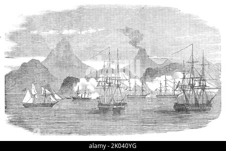 Attaque navale sur le fort russe de Petropaulovski, [Kamchatka], 1854. Guerre de Crimée. Navires de guerre français et anglais: 'L'obligator; Virago; Eurydice, pique... l'escadron allié dans le Pacifique a attaqué le fort russe de Petropaulovski à Kamschatka, détruit deux batteries, et pris trois navires... le nombre total d'hommes tués, blessés, Et à gauche sur terre, appartenant aux... alliés, 209... l'action a été très sévère, les navires anglais seuls auraient tiré 3000 balles. La perte du côté des Russes était très lourde, mais n'est pas déterminée... l'objet de la flotte, dit-on Banque D'Images