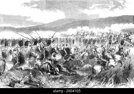 L'action à Balaclava - charge des Scots Grays, 25 octobre 1854. La guerre de Crimée : '... le moment où le commandement a été donné pour charger les colonnes russes... les nombres [de soldats russes] opposés aux Grays écossais étaient dans la proportion de six pour un; Et l'ennemi, en ouvrant leurs rangs devant le galant Grays, les a reçus au milieu, puis les a fermés sur eux. Pendant plusieurs minutes, les barbes ont disparu de la vue, mais enfin le cercle belliqueux a germé, semblable à une coquille d'éclatement, et les manteaux rouges sont apparus, conduisant devant eux, en vol enem routé Banque D'Images