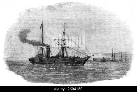 Bateau à vapeur "l'Europa" quittant Kingstown avec le 90th Regiment à bord, pour le siège de la guerre, 1854. « Le grand paquebot Europa, l'un des... steamers de la compagnie Cunard, a été repris par le gouvernement... pour le transport de troupes en Crimée... une compagnie de l'Artillerie royale... embarqué dans l'Europa, puis couché dans le quai Huskisson, à Liverpool ; Et... un détachement d'infanterie de Londres... est allé à bord du bateau à vapeur, qui a navigué ce soir-là pour Dublin... l'ensemble de l'infanterie légère de 90th a quitté la Royal Barracks, Dublin, pour le chemin de fer à Kingstown... followe Banque D'Images