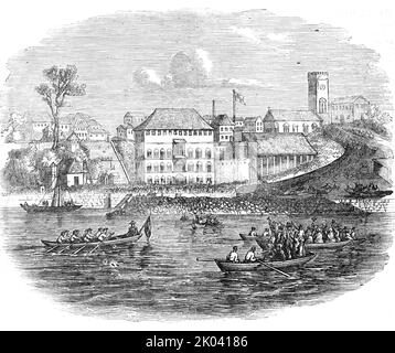 Départ de l'ex-gouverneur de Freetown, Sierra Leone, 1854. Sir Arthur Kennedy quitte la côte de l'Afrique de l'Ouest. « Nous sommes redevables à un correspondant pour le croquis accompagnant le départ de l'ancien gouverneur de la colonie, qui a eu lieu le 13th octobre, à partir du quai public de Freetown, dans le bateau à vapeur Forerunner. M. Kennedy a assumé le gouvernement de la colonie le 12th octobre 1852, de sorte qu'au moment de son départ, il venait de terminer une période de deux ans de son administration. La fermeté et la vigueur avec lesquelles son Excellence n'a pas été en vue de réprimer le crime Banque D'Images