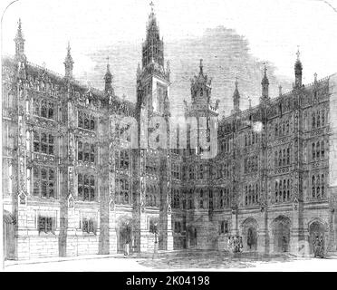 Les nouvelles chambres du Parlement - entrée à la Cour de l'étoile, New Palace-Yard, 1854. Palais de Westminster, Londres. « Ce beau front est une partie de celui entre Westminster Hall et la magnifique tour de l'horloge, qui est sur le point de s'achever. Dans notre vue sont vus les voies de calèche pour l'entrée et la sortie: Sur la droite, est l'entrée pour les députés à pied, menant à une colonnade, par laquelle, lorsque l'entrée est terminée, l'escalier ... est atteint. De "Illustrated London News", 1854. Banque D'Images