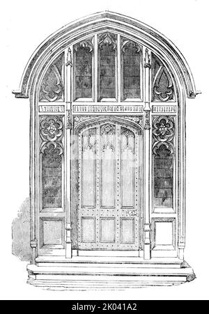 Les nouvelles chambres du Parlement - porte de la résidence Serjeant-at-Arms, 1854. Intérieur du palais de Westminster, Londres, conçu dans le style gothique victorien par Augustus Pugin. « Cette porte est vue du côté nord de la Cour du Président et forme un objet agréable, qu'il soit vu directement à l'entrée de la Cour, ou vu des tribunaux plus éloignés, par des ouvertures voûtées dont il est montré comme une finition riche à la vista. La résidence, à laquelle il s'agit de l'entrée, sera bientôt terminée. Les aménagements, tant dans le hall du maître que dans celui des serviteurs, sont étudiés avec soin scrupuleux, s. Banque D'Images