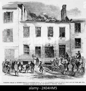 Terrible incendie dans une maison de la dixième rue, New York, et effroyable perte de vie - Un homme, sa femme et cinq enfants ont brûlé à mort, 7 mars 1861. Illustration du 19th siècle du journal illustré de Frank Leslie Banque D'Images