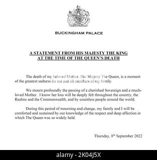 Londres, Royaume-Uni. 09th septembre 2022. Le roi Charles III fait une déclaration au nom de la famille royale à la suite du décès de sa mère, la reine Elizabeth II La reine Elizabeth II est décédée au château de Balmoral en Écosse sur 8 septembre à 96 ans. Photo via la famille royale/crédit UPI: UPI/Alamy Live News Banque D'Images