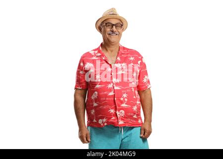 Homme mature souriant à la caméra isolée sur fond blanc Banque D'Images