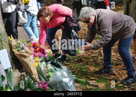 Londres, Royaume-Uni, 9th septembre 2022. Les membres du public posent des hommages floraux et laissent de petits cadeaux à sa Majesté la Reine autour d'un arbre à Green Park. Les zones proches des portes de Buckingham Palace sont encombrées et cet arbre sert et alternative. Crédit : onzième heure Photographie/Alamy Live News Banque D'Images