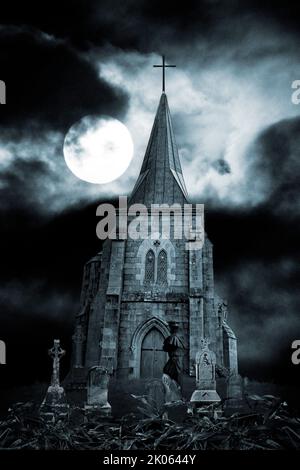 LIVRE D'ART DE COUVERTURE, SCÈNE NOCTURNE SINISTRE DE LA VIEILLE ÉGLISE AVEC FIGURE SINISTRE ET PIERRES GRAVES Banque D'Images