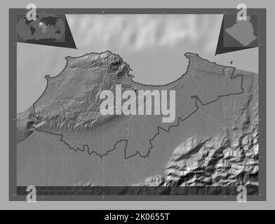 Alger, province d'Algérie. Carte d'altitude à deux niveaux avec lacs et rivières. Cartes d'emplacement auxiliaire d'angle Banque D'Images