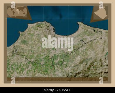 Alger, province d'Algérie. Carte satellite basse résolution. Cartes d'emplacement auxiliaire d'angle Banque D'Images