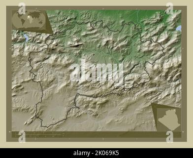 Guelma, province d'Algérie. Carte d'altitude colorée en style wiki avec lacs et rivières. Cartes d'emplacement auxiliaire d'angle Banque D'Images