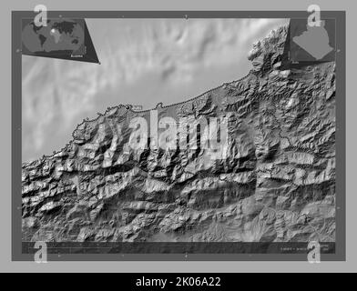 Jijel, province d'Algérie. Carte d'altitude à deux niveaux avec lacs et rivières. Lieux et noms des principales villes de la région. Emplacement auxiliaire du coin Banque D'Images