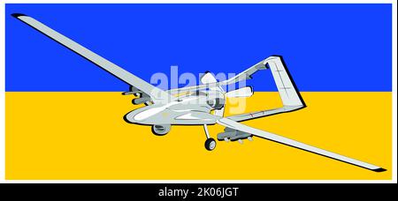 drone moderne d'avion de terrain de scouting sur le fond de l'ukrainisan et du drapeau turc, dispositif d'exploration de la zone aérienne, diversité des services secrets Banque D'Images