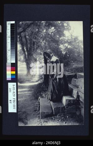 Appels à Cranford, C1900. Photographie pour l'illustration de livre montre une femme habillée dans le costume d'époque du milieu du siècle 19th descendant escaliers en pierre. Banque D'Images