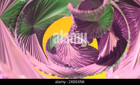 3D rendu d'un amas de plumes artificielles à l'ombre rose avec lumière ambiante verte et fond orange Banque D'Images